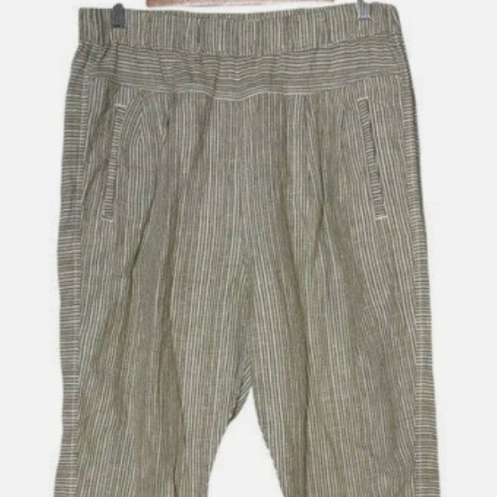 By Anthropologie Size XL Women Olive Green Stripes 100% Linen Pull on Pants - Picture 4 of 11